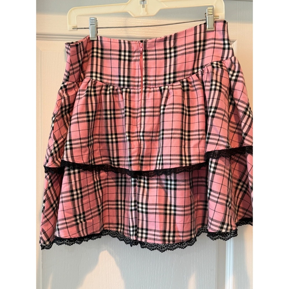 Hot Topic Pink plaid Corseted Tiered Skirt Black lace  Cute Goth Large - Picture 4 of 5